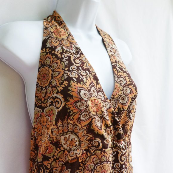 Vintage Boho Maxi Dress Floral Gold Lurex Metallic Halter Tie Side Zipper 14 - Picture 5 of 9